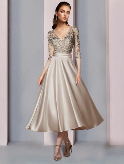 A-Line Mother of the Bride Dress Wedding Guest Elegant V Neck Length Satin Lace Half Sleeve with Pleats Appliques