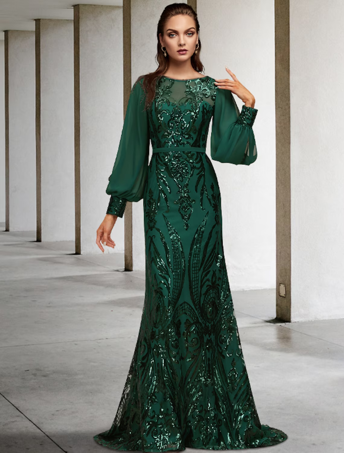 Mother of the Bride Dress Wedding Guest Elegant Chiffon Sequined Long Sleeve with Sequin Appliques