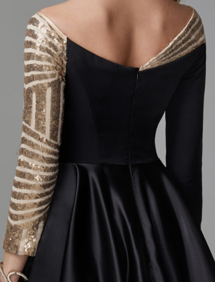 Sparkle Formal Evening Dress Off Shoulder Long Sleeve Floor Length Satin with Sequin