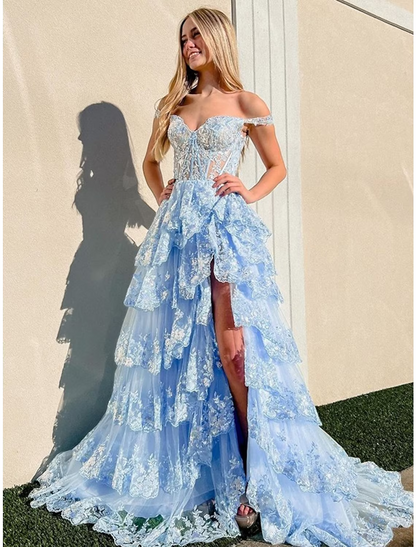 Prom Dresses Corsets Dress Formal Court Train Sleeveless Off Shoulder Tulle with Sequin Slit