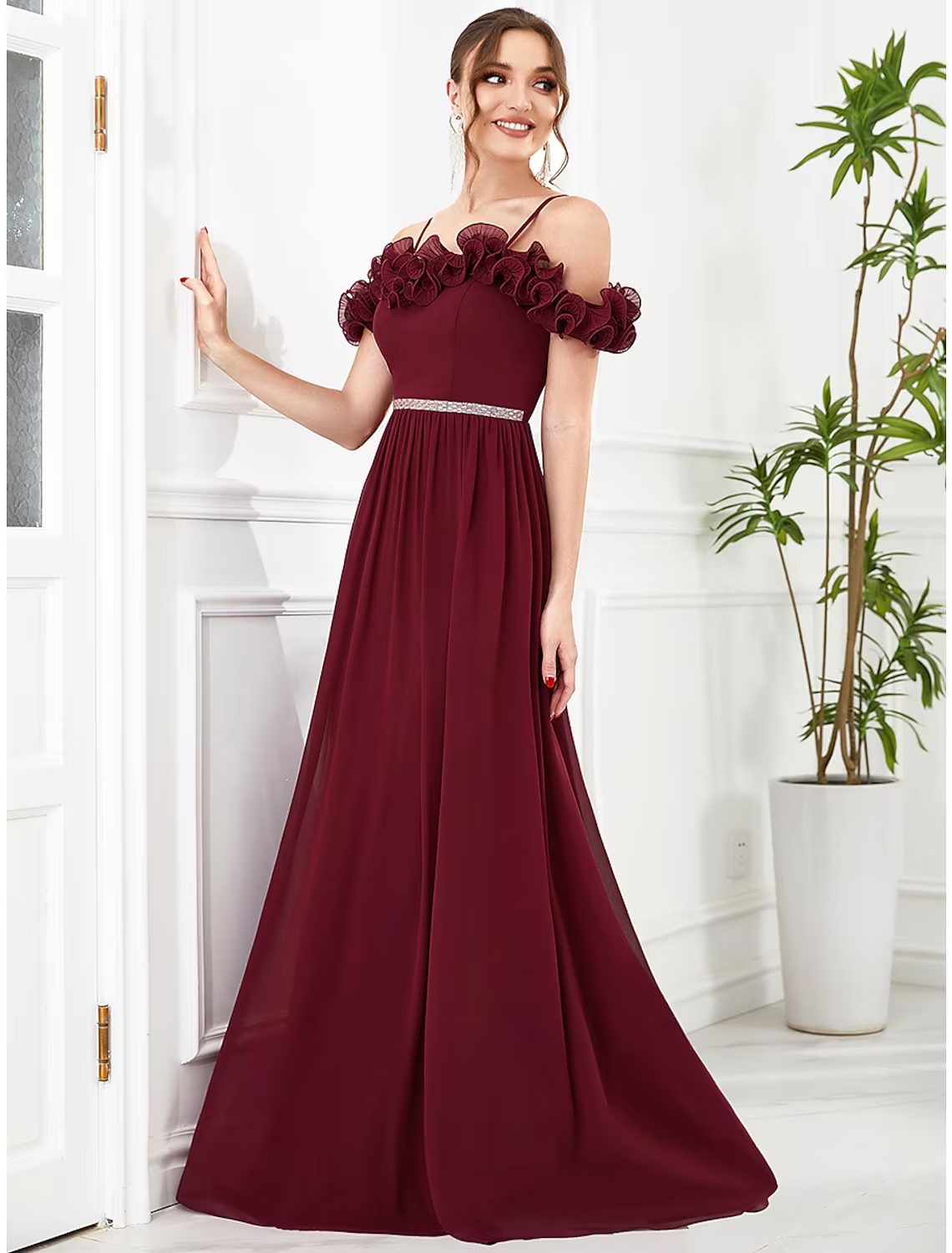 A-Line Prom Dresses Vintage Dress Wedding Guest Floor Length Sleeveless Off Shoulder Chiffon with Flower