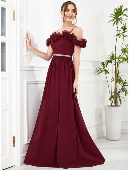 A-Line Prom Dresses Vintage Dress Wedding Guest Floor Length Sleeveless Off Shoulder Chiffon with Flower