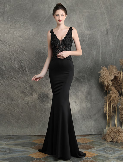 Evening Gown Elegant Dress Formal Sleeveless V Neck Cotton Blend with Beading Applique