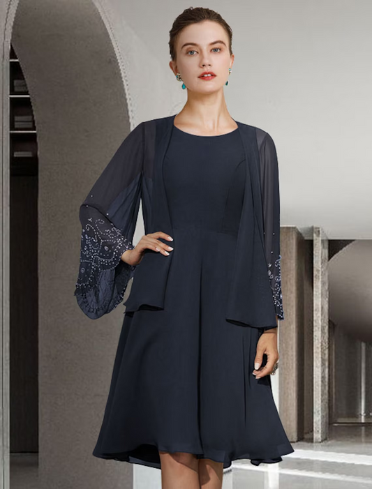 Two Piece A-Line Mother of the Bride Dress Elegant Knee Length Chiffon Sleeveless with Pleats Beading