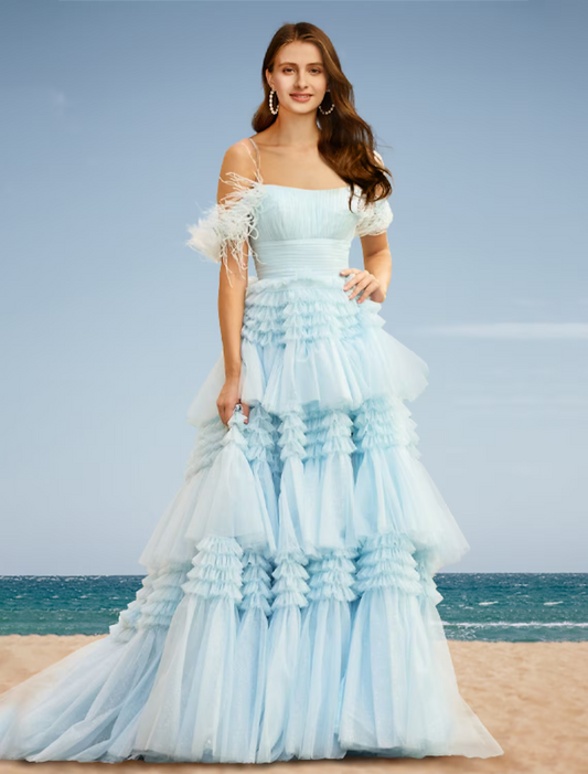 A-Line Prom Dresses Tiered Dress Wedding Party Court Train Sleeveless Off Shoulder Tulle with Slit