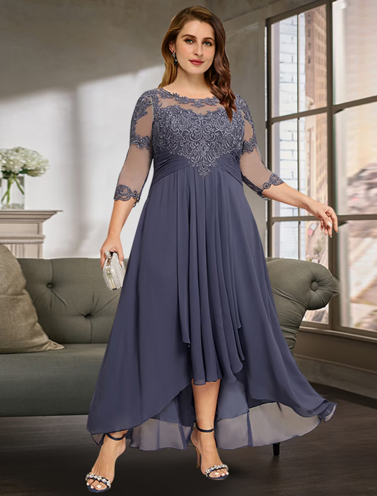 Mother of the Bride Dress Wedding Guest Elegant Asymmetrical Chiffon Lace Sleeve with Pleats