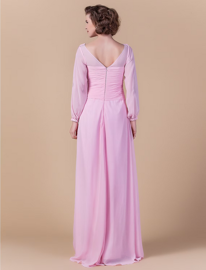 Mother of the Bride Dress Vintage Inspired Cowl Neck Floor Length Chiffon Long Sleeve with Criss Cross Ruched