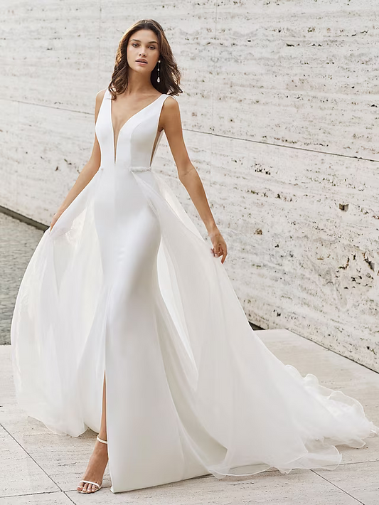 Beach Wedding Dresses Court Train Two Piece Sleeveless V Neck Satin With Pattern