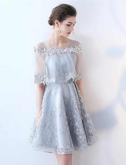 A-Line Elegant Party Wear Cocktail Party Dress Jewel Neck Half Sleeve Short Mini Tulle with Lace Insert Pattern Print