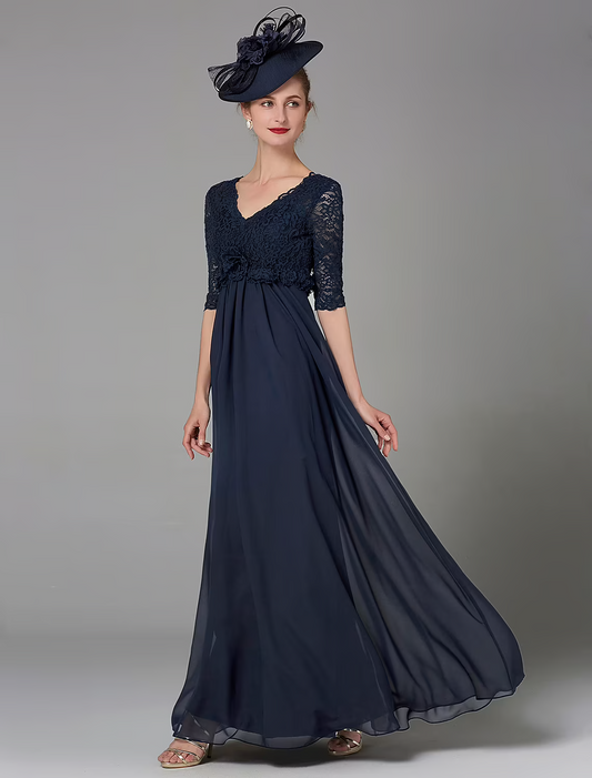 A-Line Mother of the Bride Dress Elegant Luxurious V Neck Floor Length Chiffon Lace Half Sleeve with Lace Bow(s)