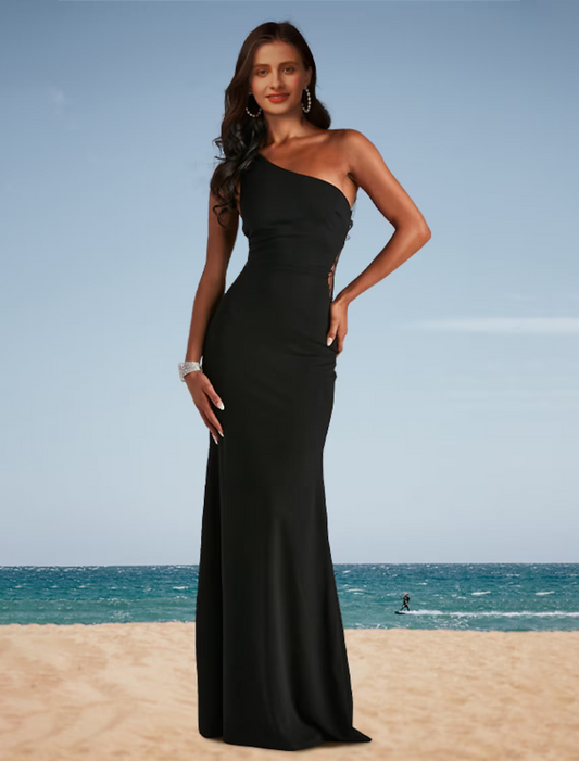 Prom Dresses Floral Dress Wedding Party Floor Length Sleeveless One Shoulder Spandex with Appliques