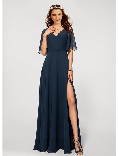 A-Line Evening Gown Dress Wedding Guest Floor Length Half Sleeve V Neck Chiffon V Back with Sleek Slit