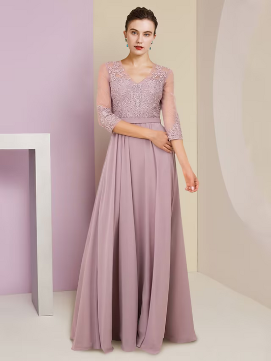 A-Line Mother of the Bride Dress Formal Wedding Guest Elegant V Neck Floor Length Chiffon Lace Sleeve with Pleats Appliques