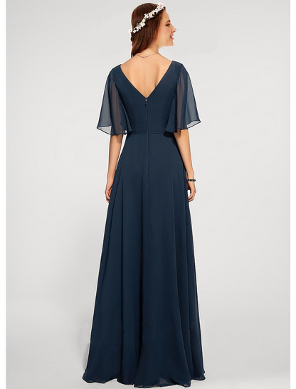 A-Line Evening Gown Dress Wedding Guest Floor Length Half Sleeve V Neck Chiffon V Back with Sleek Slit