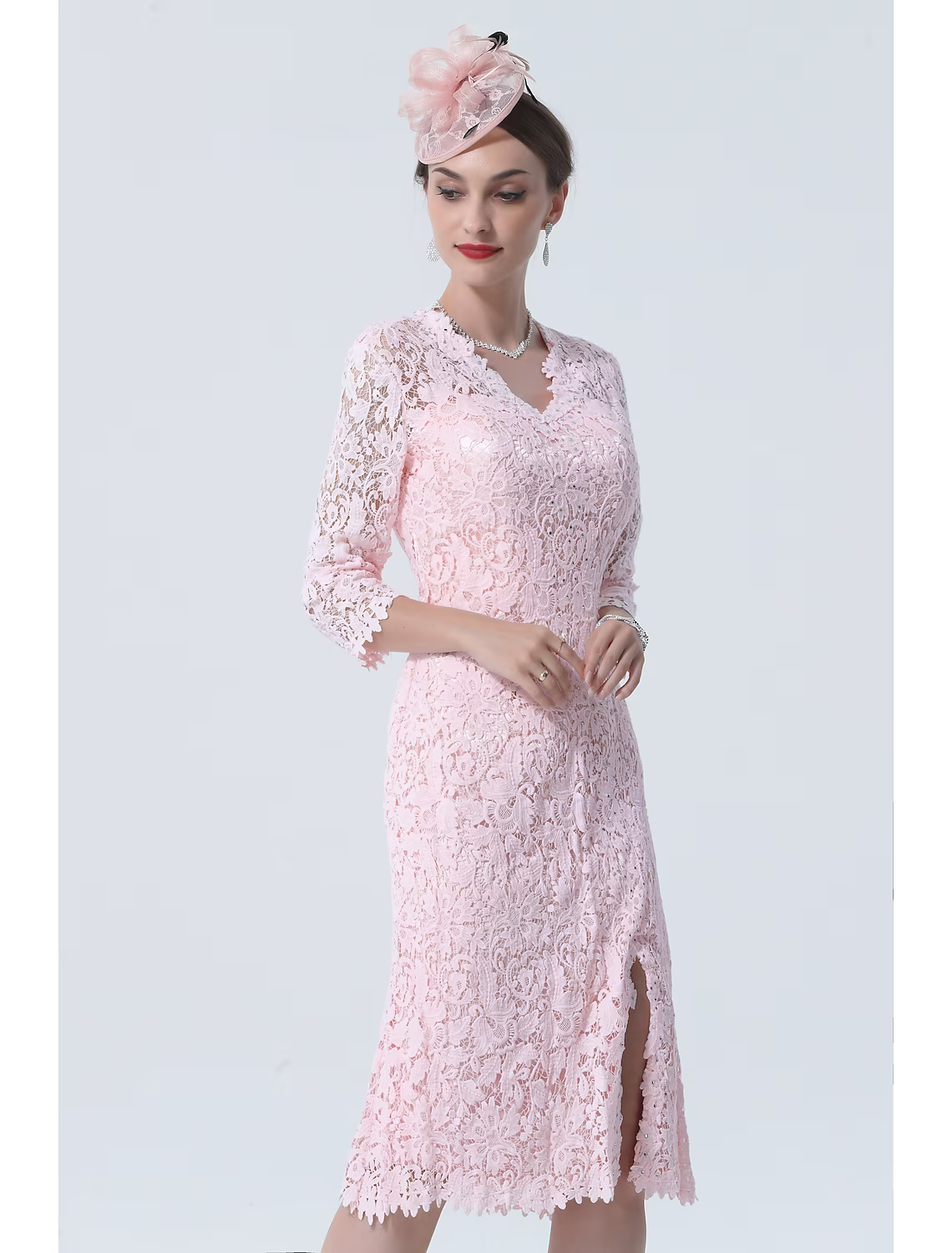 Mother of the Bride Dress Plus Size V Neck Knee Length Lace Sleeve with Lace Split Front