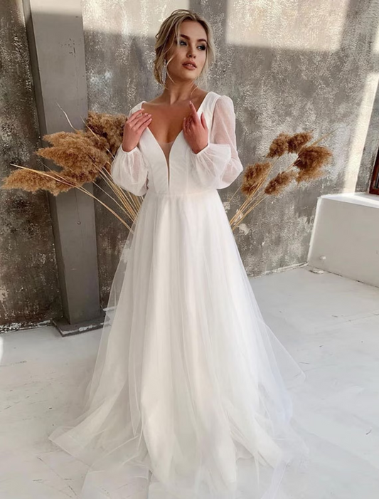 Casual Wedding Dresses Court Train A-Line Long Sleeve V Neck Tulle With