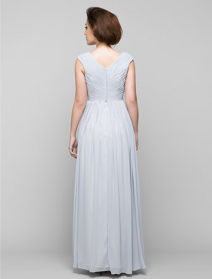 A-Line Mother of the Bride Dress Elegant V Neck Floor Length Chiffon Sleeveless with Cross Beading