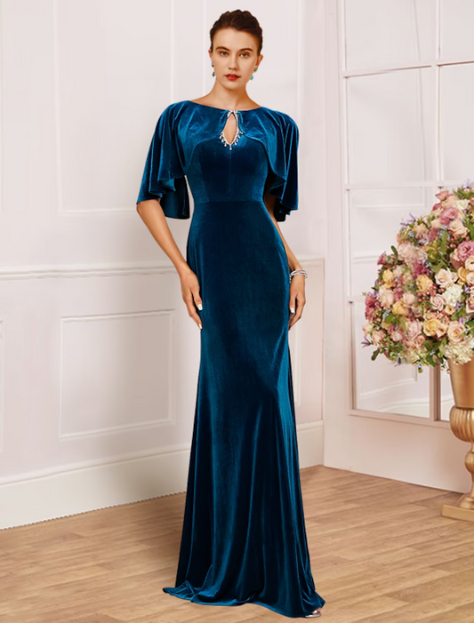 Mother of the Bride Dress Wedding Guest Vintage Elegant Scoop Neck Velvet Half Sleeve with Lace Pleats Beading