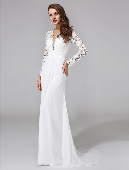 Beach Royal Style Wedding Dresses Long Sleeve V Neck Chiffon With Lace Button