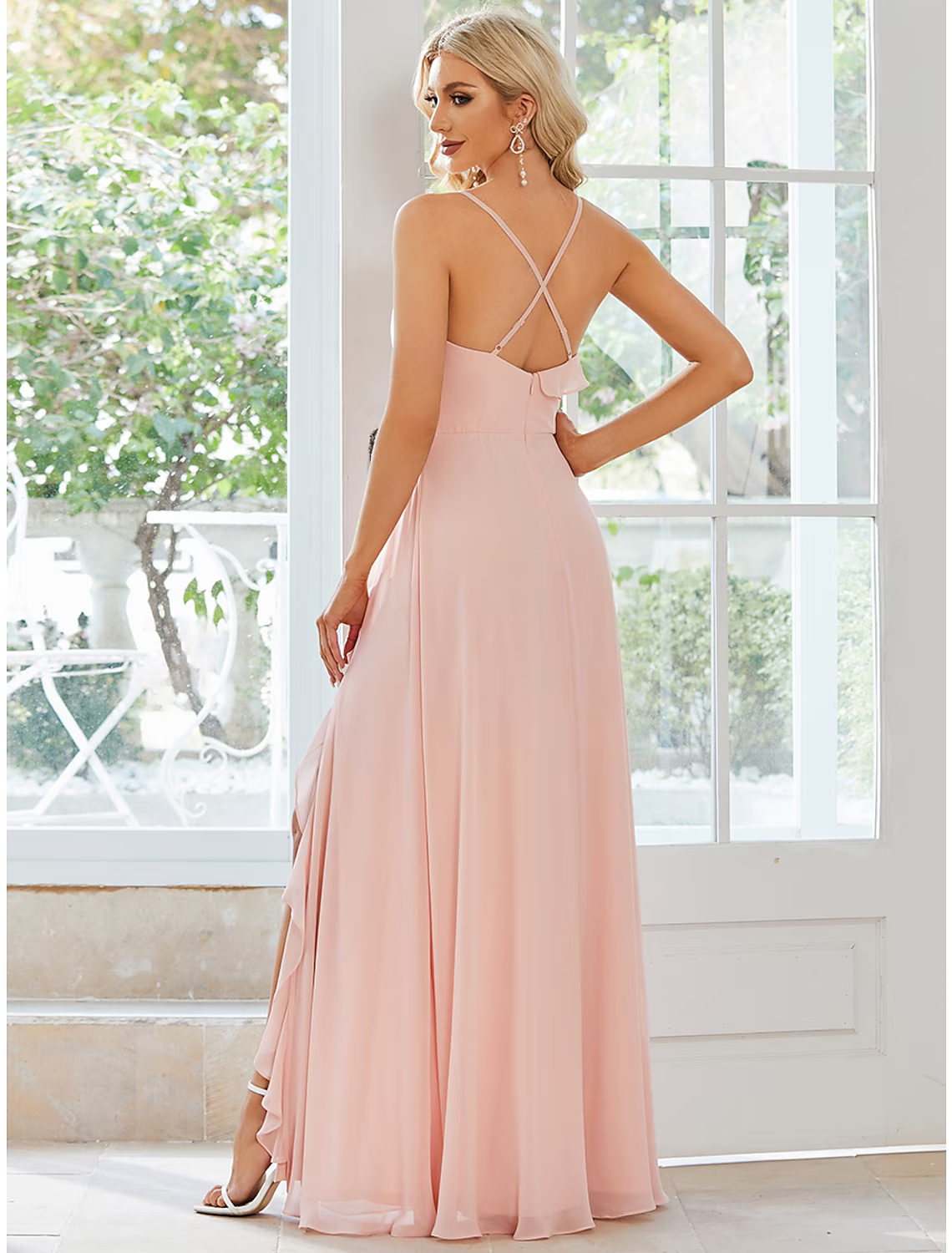 A-Line Wedding Guest Dresses Casual Dress Party Wear Floor Length Sleeveless Strap Chiffon with Ruffles Slit