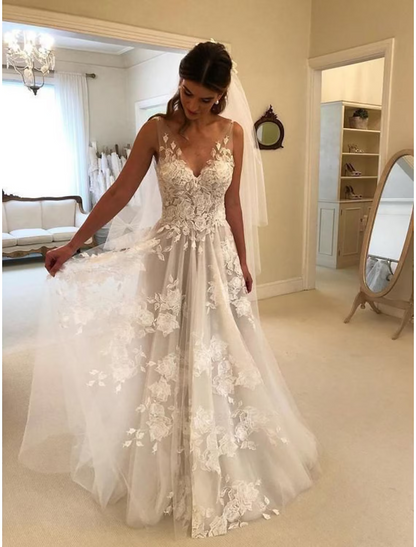 Beach Boho Wedding Dresses Court Train A-Line Sleeveless V Neck Lace With Appliques