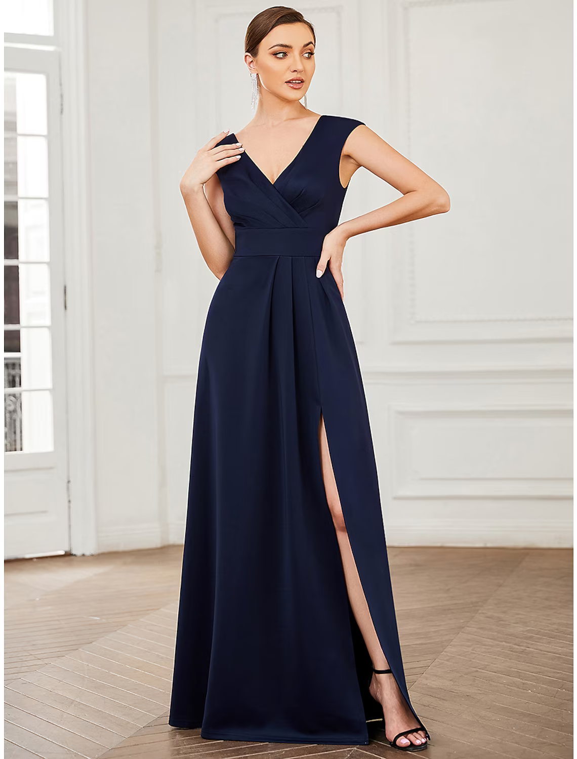 A-Line Evening Gown Elegant Dress Formal Floor Length Sleeveless V Neck Polyester V Back with Draping Slit