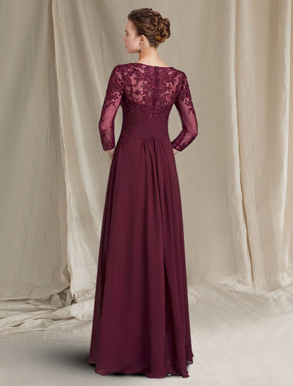 Mother of the Bride Dress Plus Size Elegant Floor Length Chiffon Lace Length Sleeve with Ruched Appliques