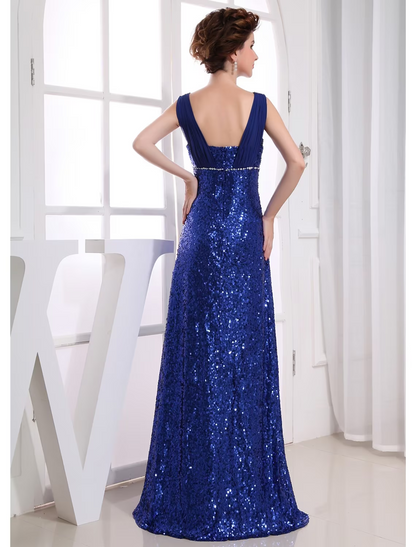 Sparkle Wedding Guest Engagement Formal Evening Dress V Neck Sleeveless Floor Length Chiffon with Beading