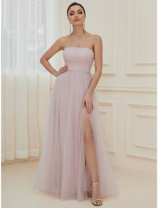 A-Line Evening Gown Elegant Dress Wedding Guest Floor Length Sleeveless Off Shoulder Tulle with Tiered