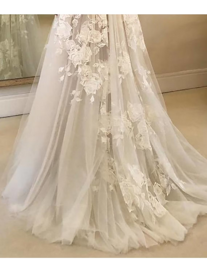 Beach Boho Wedding Dresses Court Train A-Line Sleeveless V Neck Lace With Appliques