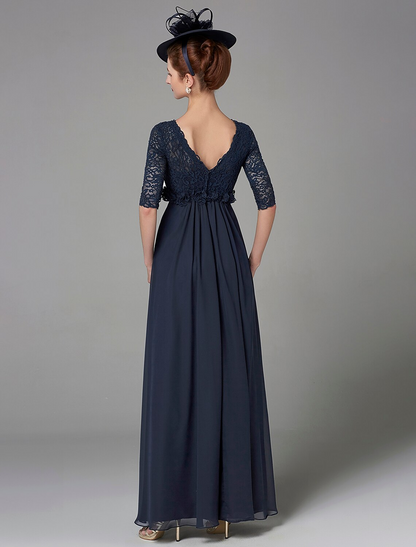 A-Line Mother of the Bride Dress Elegant Luxurious V Neck Floor Length Chiffon Lace Half Sleeve with Lace Bow(s)