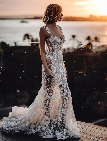 Beach Sexy Boho Wedding Dresses Court Train Sleeveless V Neck Lace With Appliques