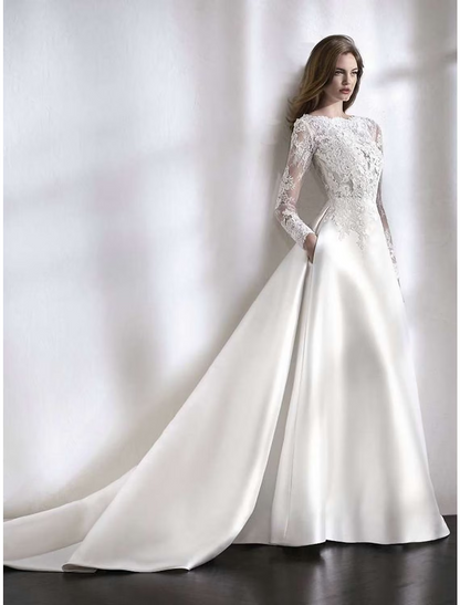 Beach Formal Wedding Dresses Chapel Train A-Line Long Sleeve Jewel Neck Satin With Lace Pleats