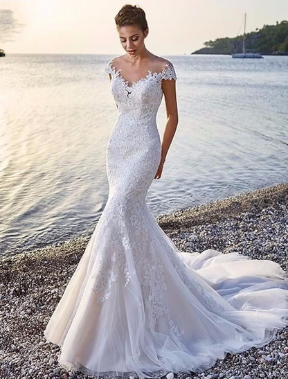 Beach Formal Wedding Dresses Court Train Sleeveless Scoop Neck Off Shoulder