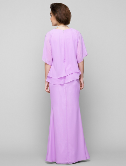 Mother of the Bride Dress Elegant Scoop Neck Floor Length Chiffon Half Sleeve with Pleats