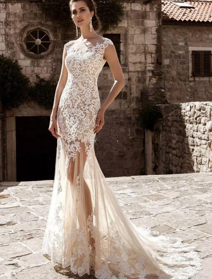 Engagement Formal Wedding Dresses Court Train Cap Sleeve Jewel Neck Lace With Appliques