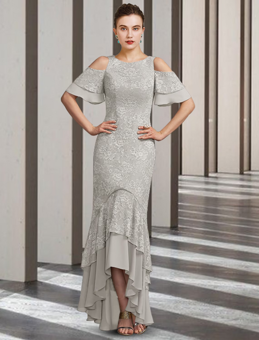 Mother of the Bride Dress Elegant High Low Floor Length Chiffon Lace Short Sleeve with Ruffles