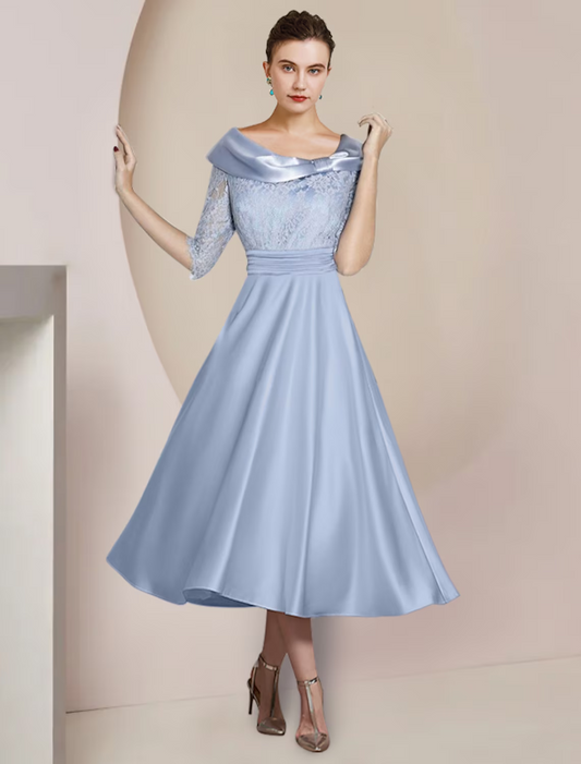 A-Line Mother of the Bride Dress Party Elegant Scoop Neck  Satin Lace Half Sleeve with Bow(s) Pleats