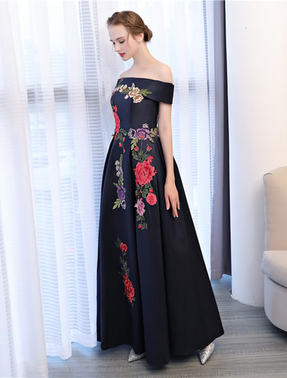 A-Line Floral Dress Wedding Guest Floor Length Sleeveless Off Shoulder Satin with Embroidery Appliques