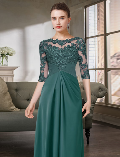 Mother of the Bride Dress Simple Elegant Floor Length Chiffon Lace Half Sleeve with Pleats