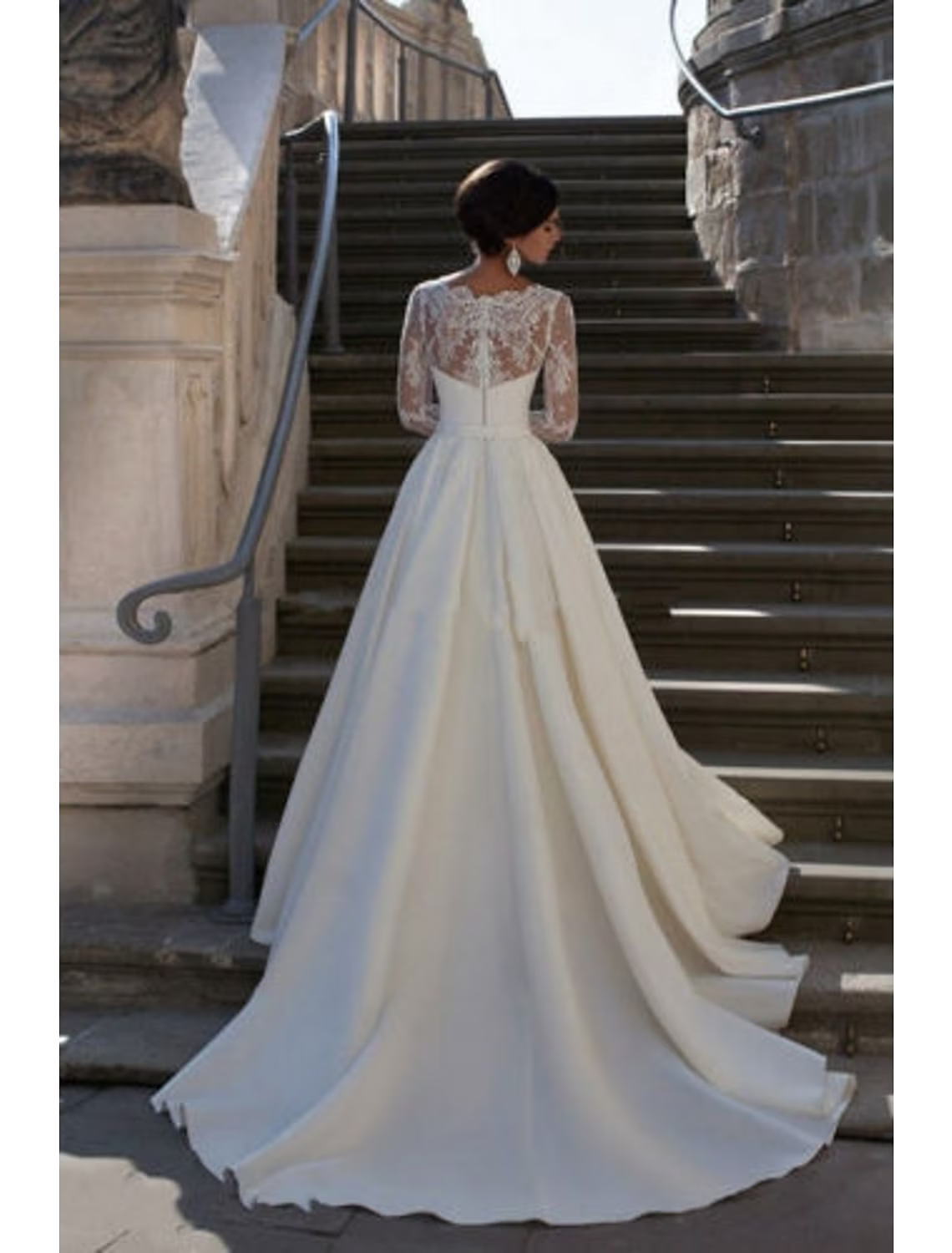 Engagement Formal Wedding Dresses Court Train A-Line Long Sleeve V Neck Satin With Appliques