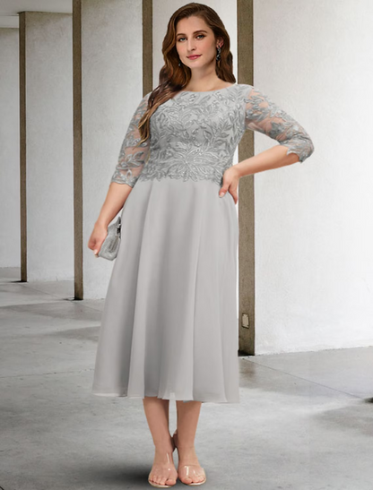 A-Line Plus Size Curve Mother of the Bride Dresses Elegant Dress Formal Length Sleeve Chiffon with Appliques