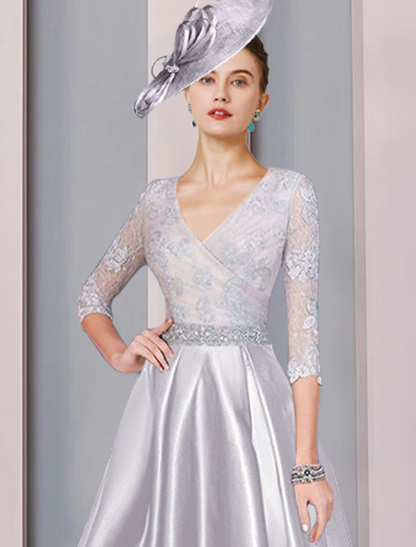 A-Line Mother of the Bride Dress Formal Elegant V Neck Asymmetrical Ankle Length Satin Lace Sleeve with Crystals Appliques