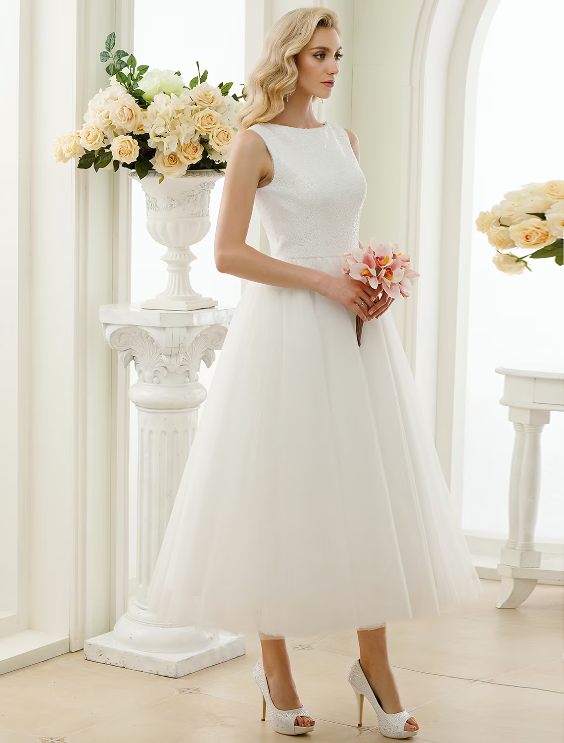 Little White Dresses Wedding Dresses Length A-Line Regular Straps Neck Tulle With Lace Sequin