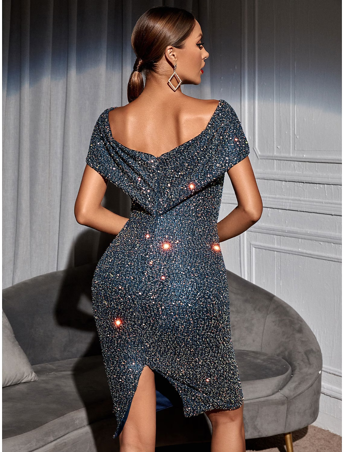 Prom Dresses Vintage Dress Homecoming Length Short Sleeve Off Shoulder Sequined Backless V Back with Sequin Slit