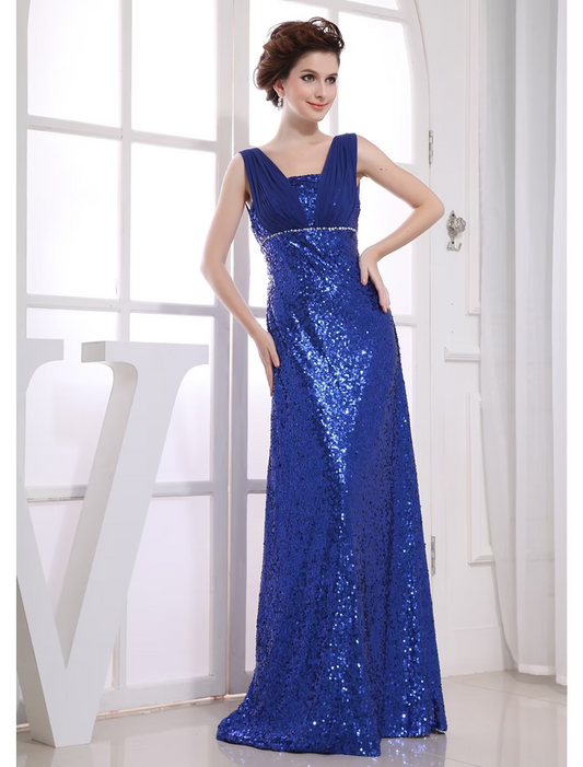 Sparkle Wedding Guest Engagement Formal Evening Dress V Neck Sleeveless Floor Length Chiffon with Beading