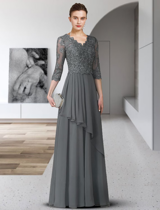 A-Line Mother of the Bride Dress Elegant V Neck Floor Length Chiffon Lace  Sleeve with Pleats Appliques