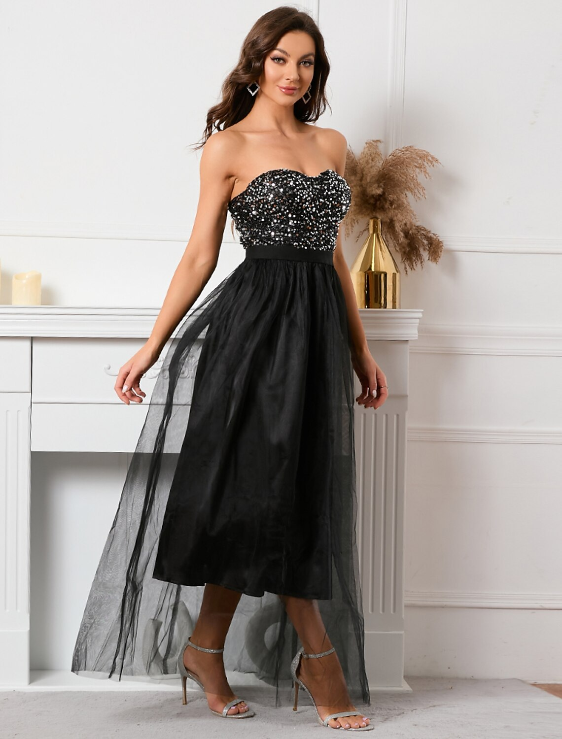 A-Line Party Dresses Sparkle Shine Dress Holiday Floor Length Sleeveless Strapless Sequined with Sequin