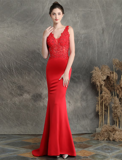 Evening Gown Elegant Dress Formal Sleeveless V Neck Cotton Blend with Beading Applique