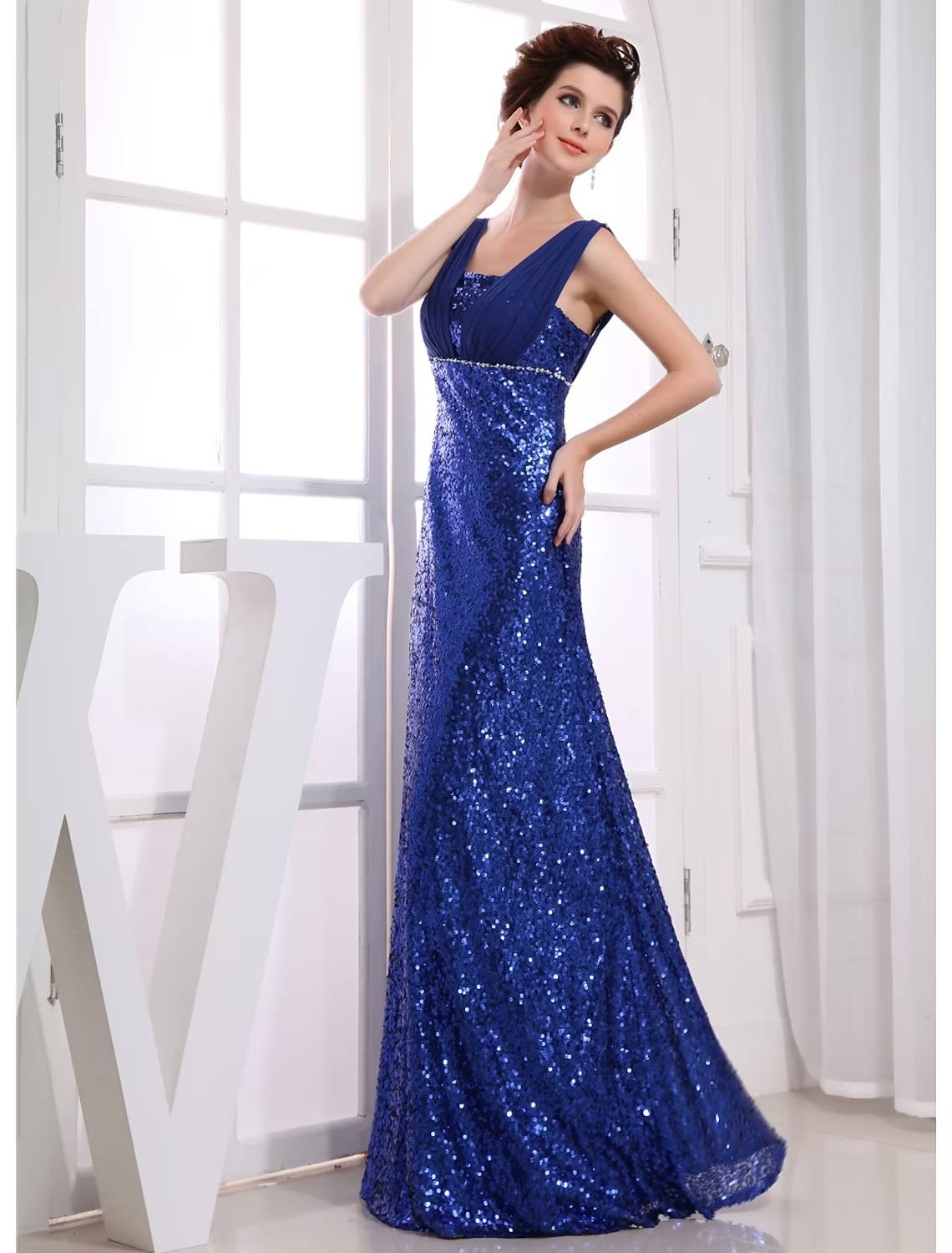 Sparkle Wedding Guest Engagement Formal Evening Dress V Neck Sleeveless Floor Length Chiffon with Beading